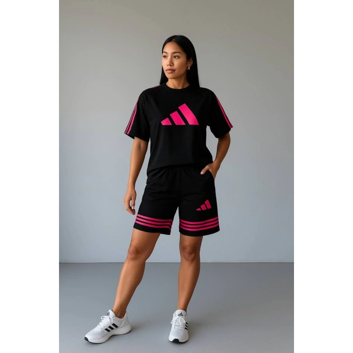 Siyah ADD Fuşya Çizgili Oversize Unisex Şortlu Takım