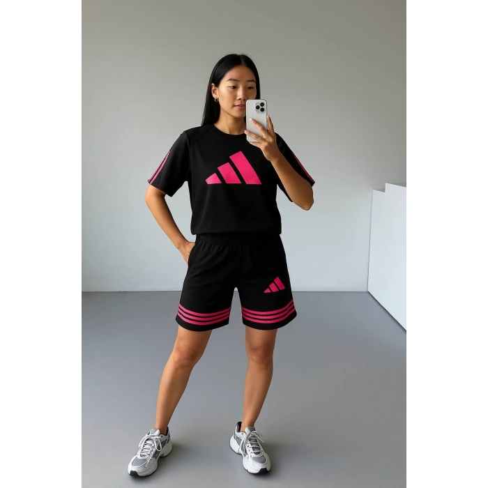 Siyah ADD Fuşya Çizgili Oversize Unisex Şortlu Takım