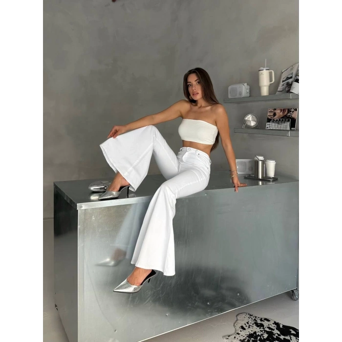 Beyaz İspanyol Paça Likralı Kot Pantolon