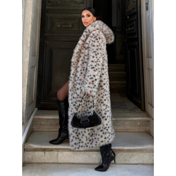 Gri Leopar Kapşonlu Uzun İthal Kürk