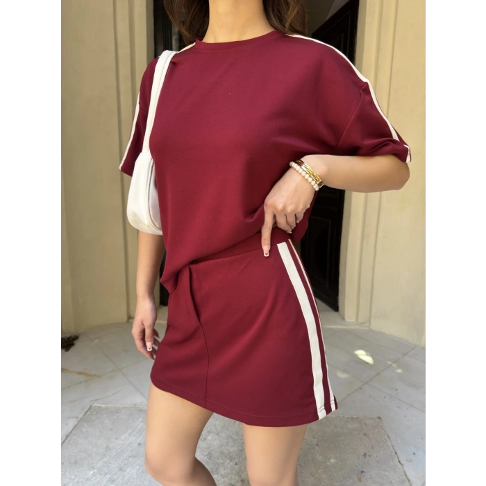 Bordo Şeritli Şort Etekli Modal Takım