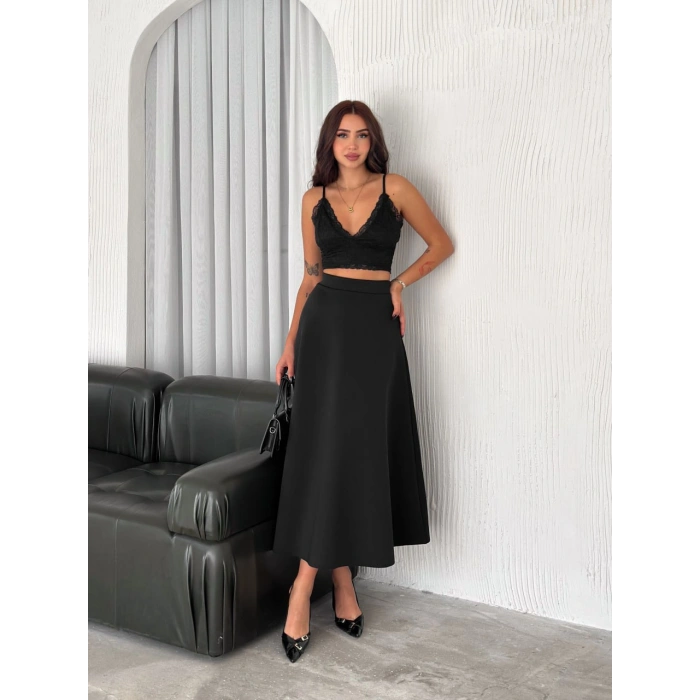 Siyah Scuba Puf Uzun Etek