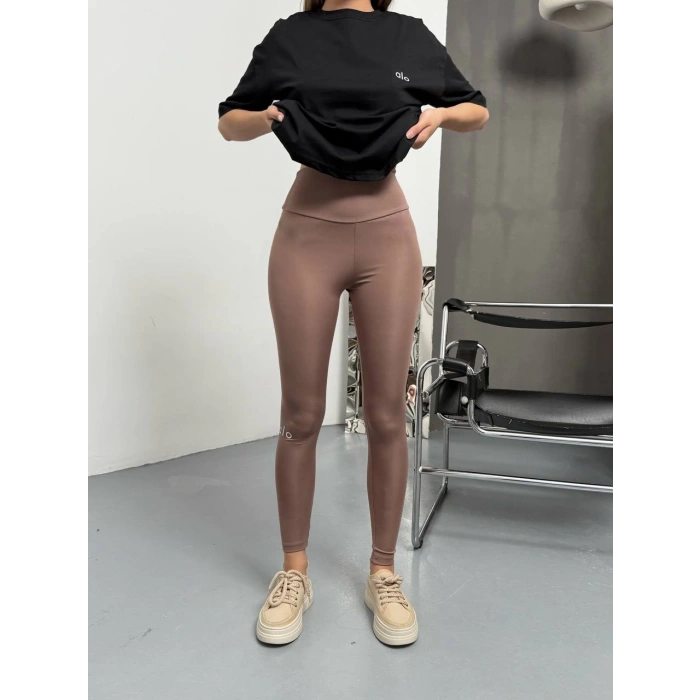 Bej Alo Bilek Baskılı Sıkılaştırıcı Yüksek Bel Tayt