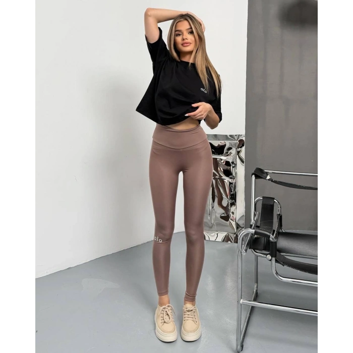 Bej Alo Bilek Baskılı Sıkılaştırıcı Yüksek Bel Tayt