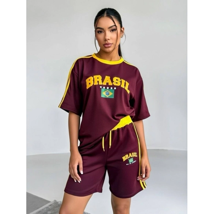 Bordo Brasil Oversize Unisex Şortlu Takım