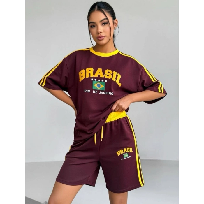 Bordo Brasil Oversize Unisex Şortlu Takım
