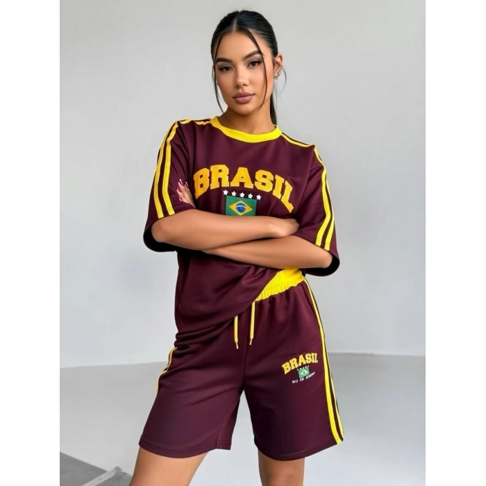 Bordo Brasil Oversize Unisex Şortlu Takım