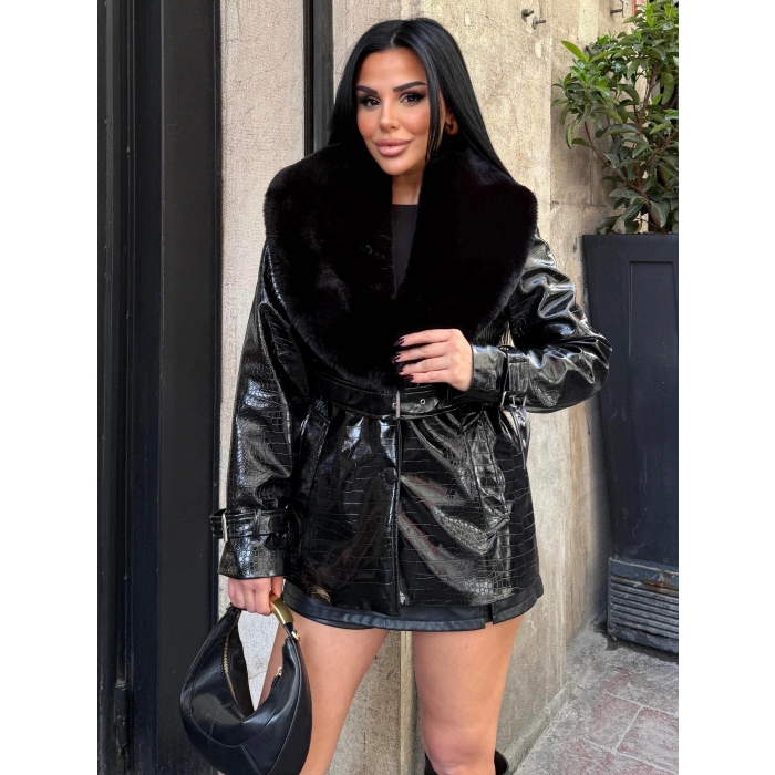 Siyah Kemerli İthal Kürk Yaka Deri Kaban