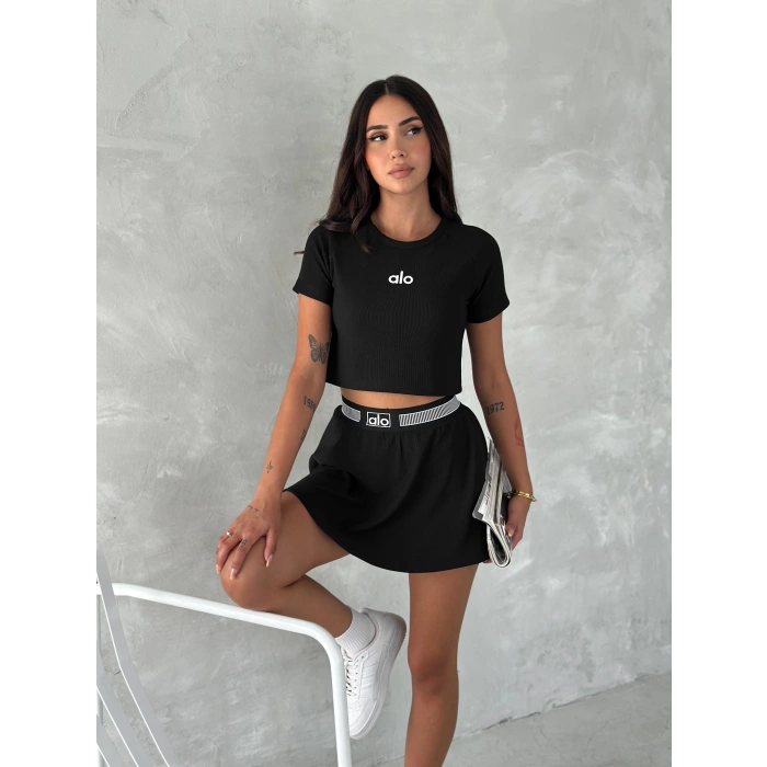 Siyah Alo Çizgili Ribana Şort Etekli Takım