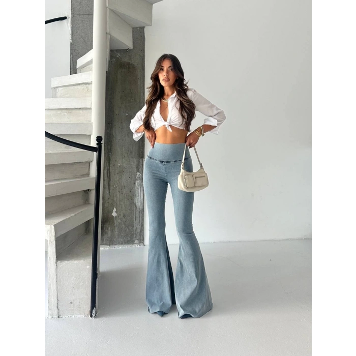 Buz Mavi İspanyol Paça Yüksek Bel Jean Tayt