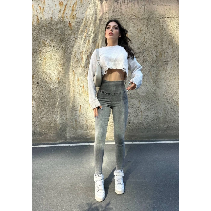 Antrasit Yüksek Bel En Boy Likralı Kot Tayt