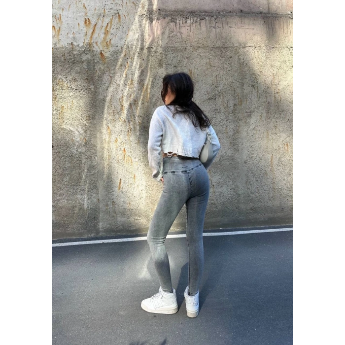 Antrasit Yüksek Bel En Boy Likralı Kot Tayt