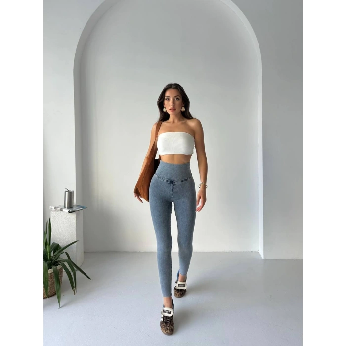 Buz Mavi Yüksel Bel İnceltici ve Sıkılaştırıcı Likralı Kot Tayt