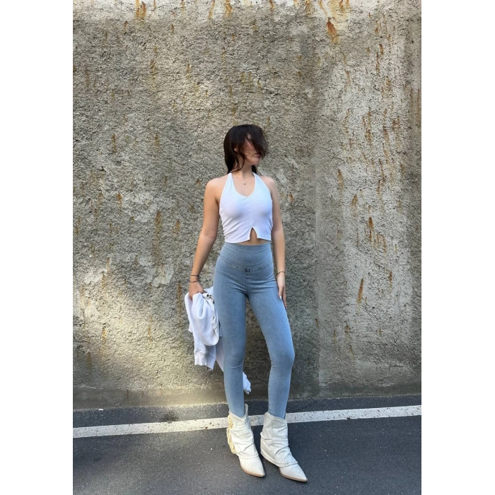 Buz Mavi Yüksek Bel En Boy Likralı Kot Tayt