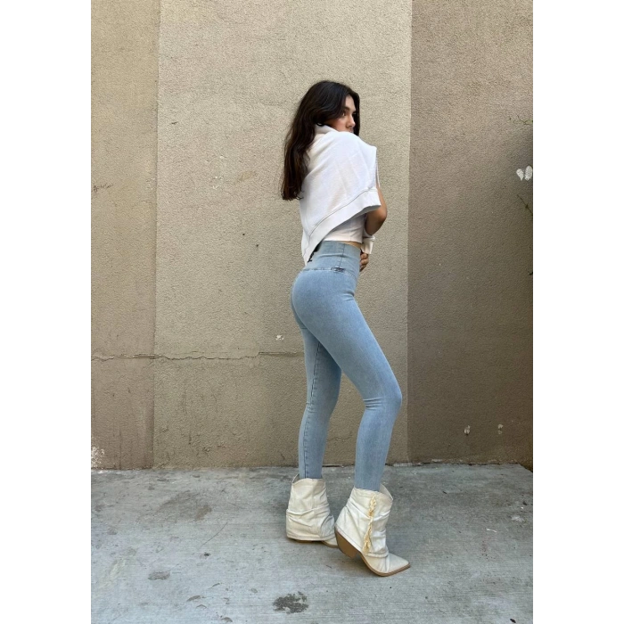 Buz Mavi Yüksek Bel En Boy Likralı Kot Tayt