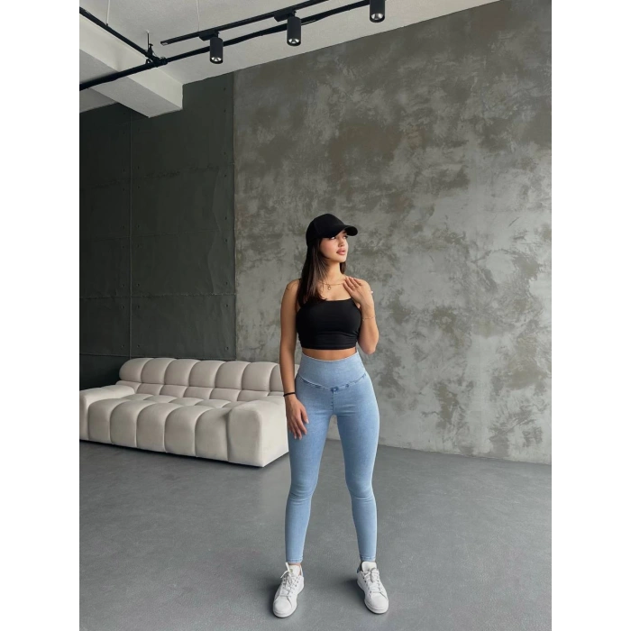 Buz Mavisi Yüksel Bel Esnek Likralı Jean Tayt