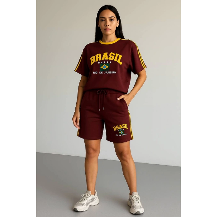 Bordo Brasil Oversize Unisex Şortlu Takım