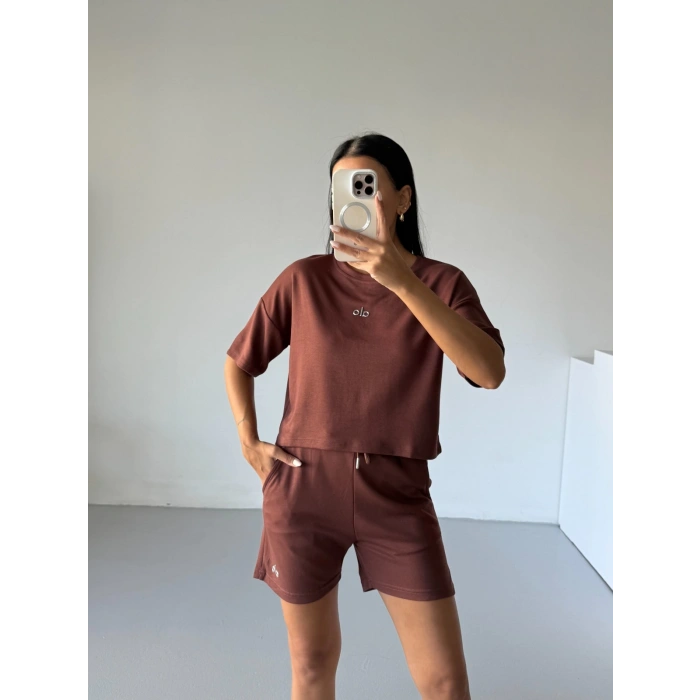 Kahve Alo Yoga Modal Crop Şortlu Takım