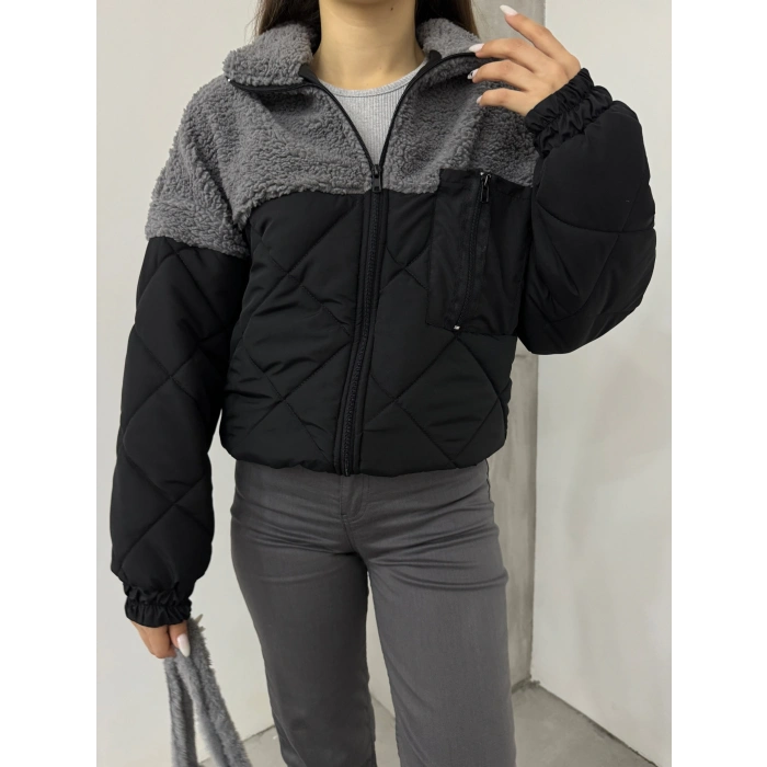 Gri Kapitone İçi Astarlı Kürklü Mont