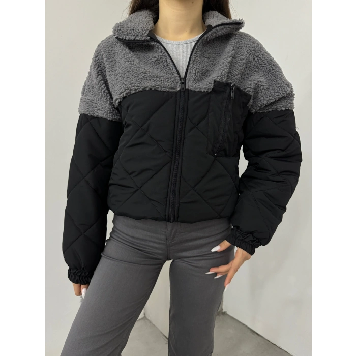 Gri Kapitone İçi Astarlı Kürklü Mont