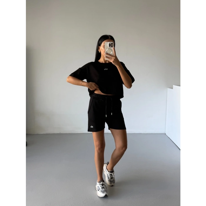 Siyah Alo Yoga Modal Crop Şortlu Takım