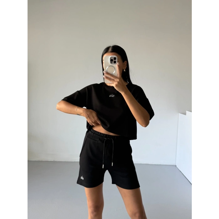 Siyah Alo Yoga Modal Crop Şortlu Takım