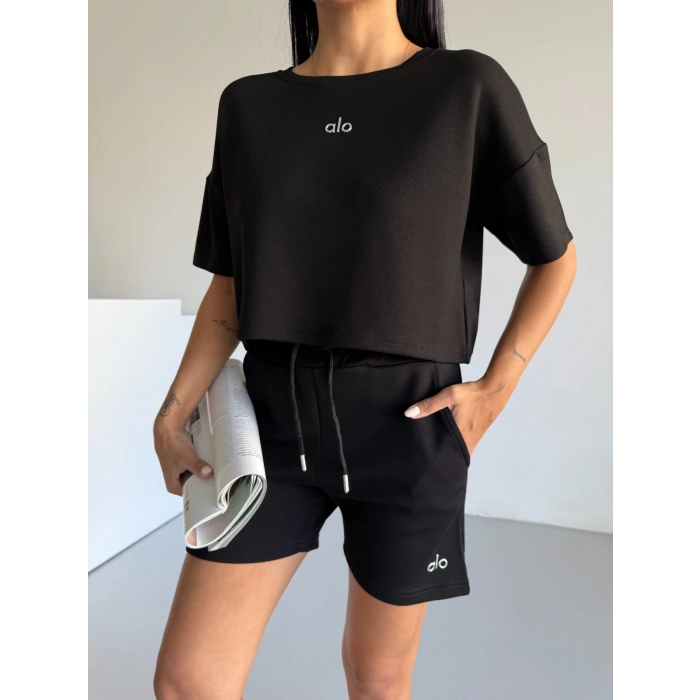 Siyah Alo Yoga Modal Crop Şortlu Takım