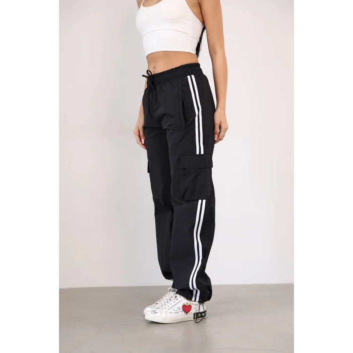 Siyah Çift Şerit Kargo Cep Paraşüt Eşofman