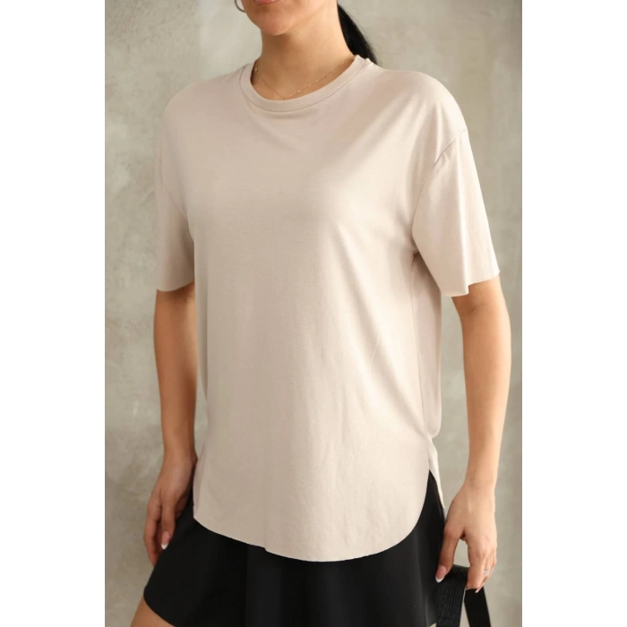 Bej Oysho Yırtmaçlı Modal Oversize Tshirt