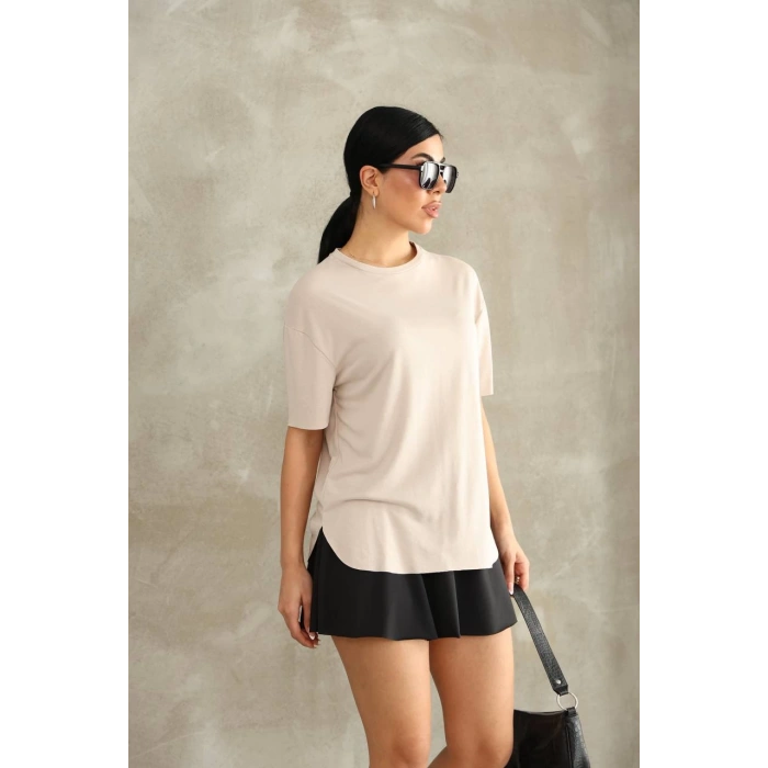 Bej Oysho Yırtmaçlı Modal Oversize Tshirt