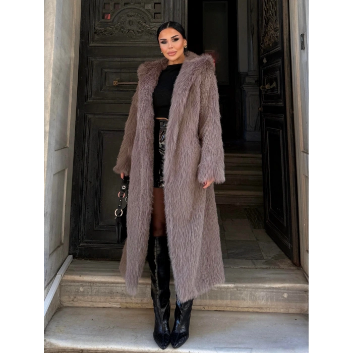 Vizon Kapşonlu Uzun İthal Kürk