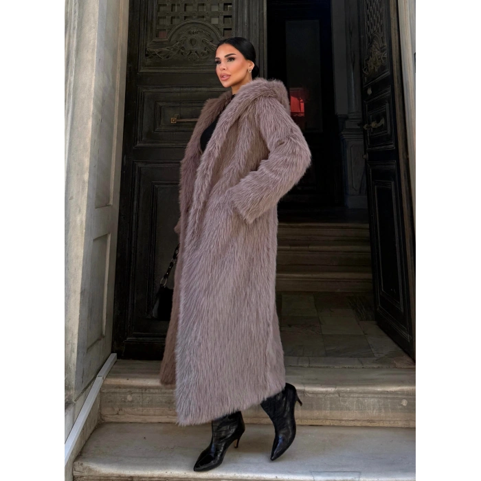 Vizon Kapşonlu Uzun İthal Kürk