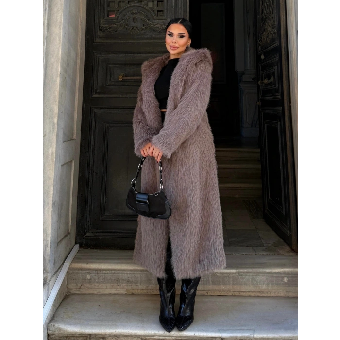 Vizon Kapşonlu Uzun İthal Kürk