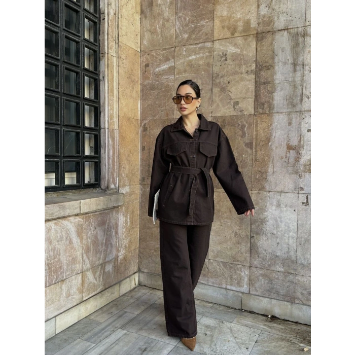 Kahve Kuşaklı Denim Takım