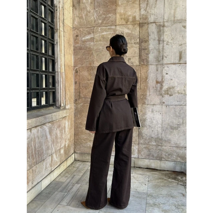 Kahve Kuşaklı Denim Takım