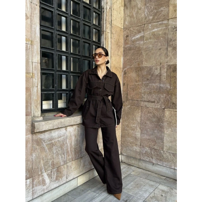 Kahve Kuşaklı Denim Takım