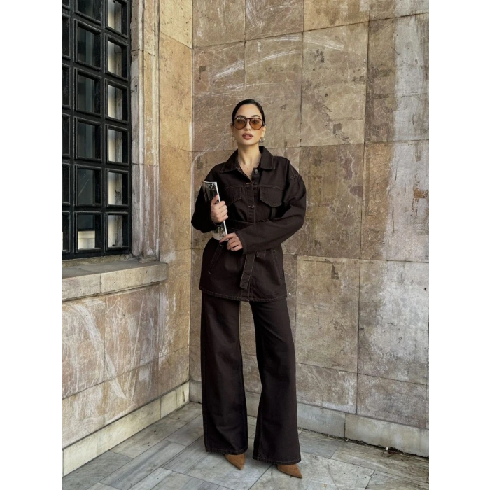 Kahve Kuşaklı Denim Takım