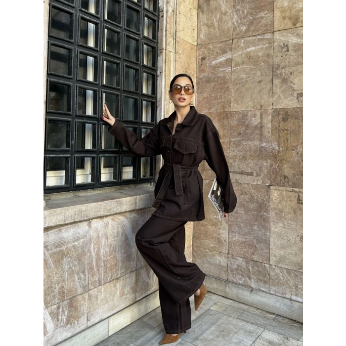 Kahve Kuşaklı Denim Takım