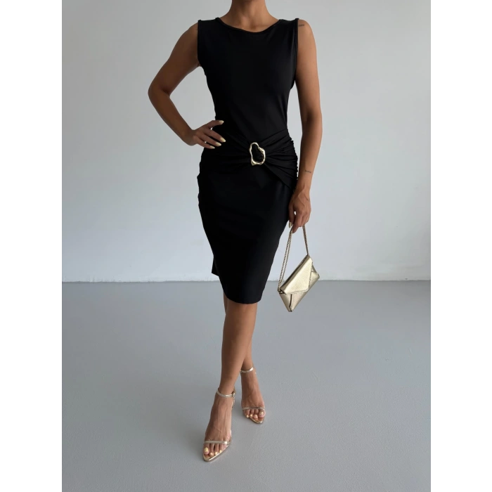 Siyah Toka Detay Midi Boy Dalgıç Elbise