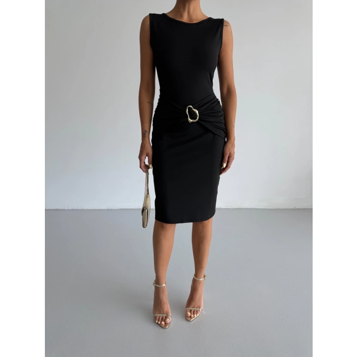 Siyah Toka Detay Midi Boy Dalgıç Elbise