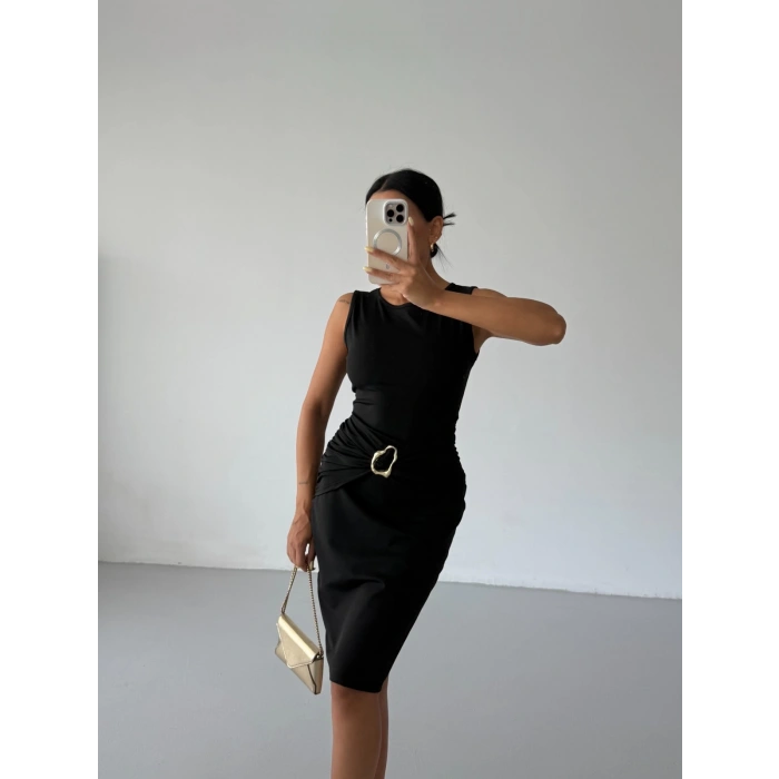 Siyah Toka Detay Midi Boy Dalgıç Elbise