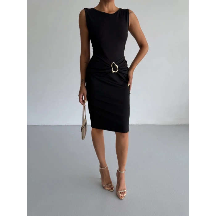 Siyah Toka Detay Midi Boy Dalgıç Elbise