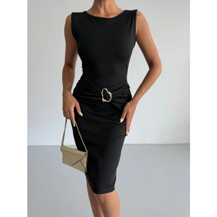 Siyah Toka Detay Midi Boy Dalgıç Elbise