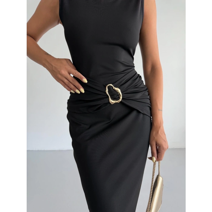 Siyah Toka Detay Midi Boy Dalgıç Elbise