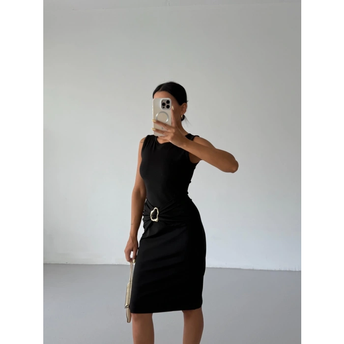 Siyah Toka Detay Midi Boy Dalgıç Elbise