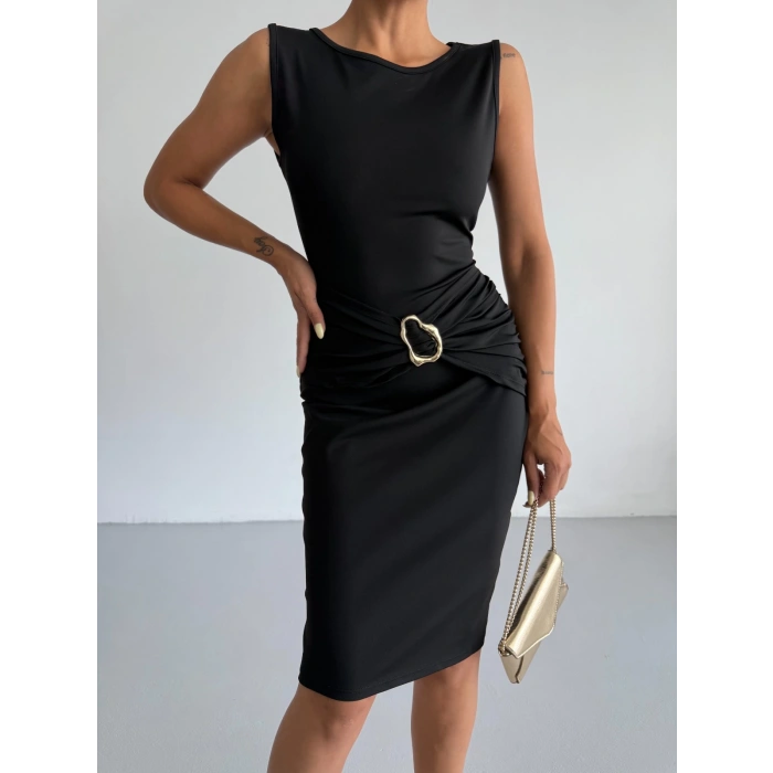 Siyah Toka Detay Midi Boy Dalgıç Elbise