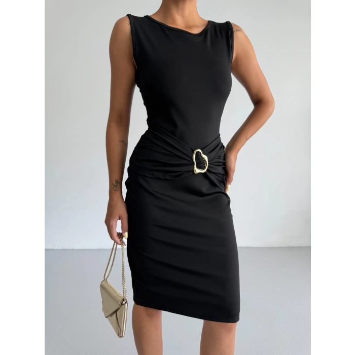 Siyah Toka Detay Midi Boy Dalgıç Elbise