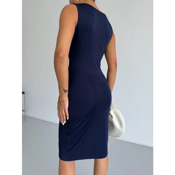 Lacivert Toka Detay Midi Boy Dalgıç Elbise