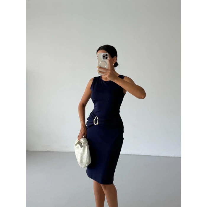Lacivert Toka Detay Midi Boy Dalgıç Elbise