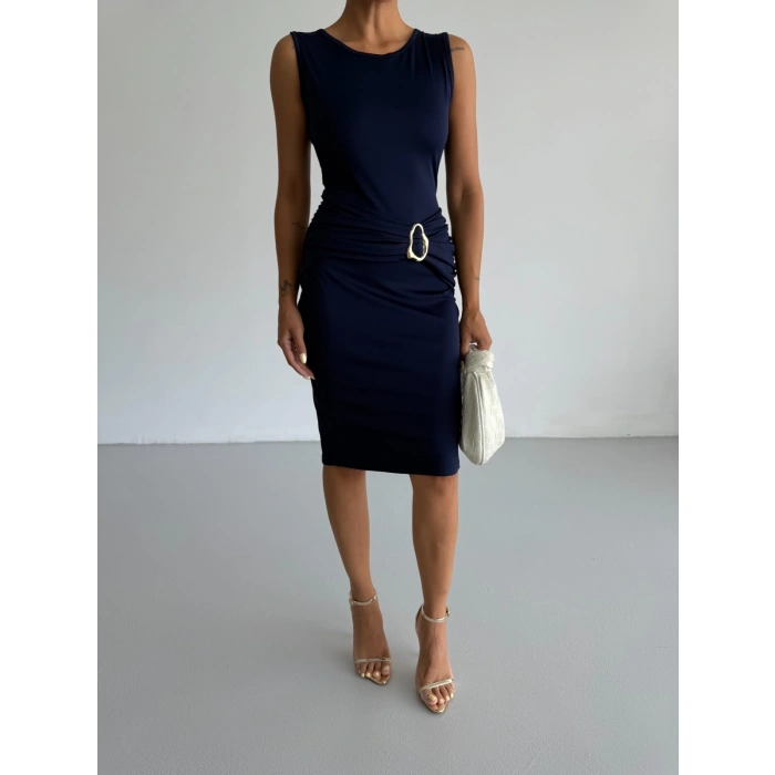 Lacivert Toka Detay Midi Boy Dalgıç Elbise